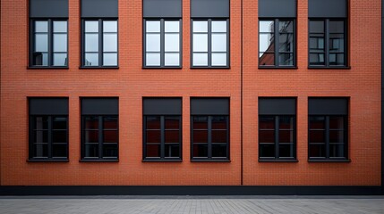 Fototapeta premium Contemporary Red Brick Building Facade with Sleek Black Windows and Modern Aesthetic Appeal