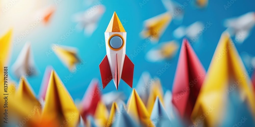 Poster a vibrant 3d scene unfolds, where a towering rocket paper plane, its paper wings adorned with the im