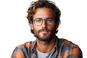 Confident man with glasses, wearing a casual plaid shirt, smiling against a white isolate background.