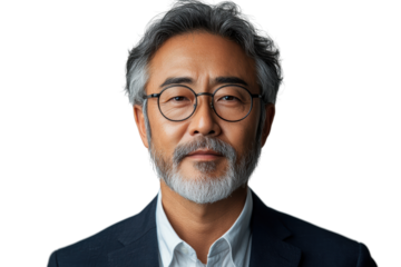 Confident middle-aged man with gray hair and beard, wearing glasses and a dark suit, isolated on white background.