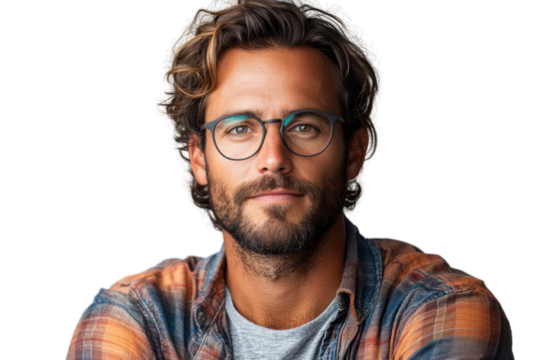 Confident man with glasses, wearing a casual plaid shirt, smiling against a white isolate background. - Powered by Adobe