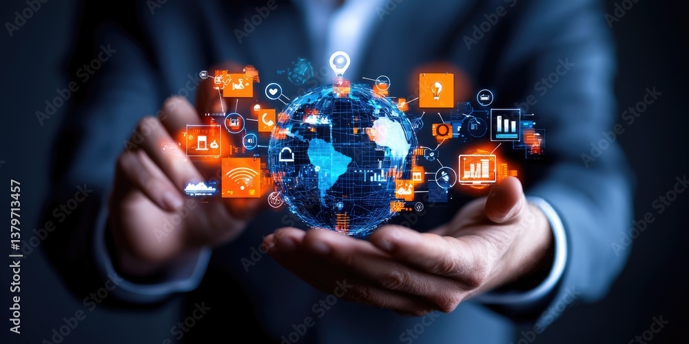 Poster a businessman, his fingers tracing a digital pathway across a globe illuminated by glowing technolog