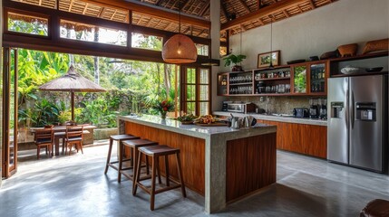 Open-plan kitchen with patio views.  Modern, tropical design