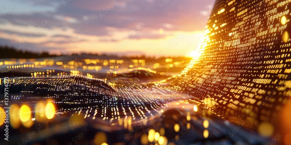 Poster a futuristic landscape, where intricate binary code flows like a digital river, interweaving through