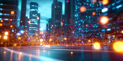 A futuristic cityscape of interconnected nodes, where data flows like a river, carrying queries, analyses, and visualizations. Neural networks hum in the background, proc