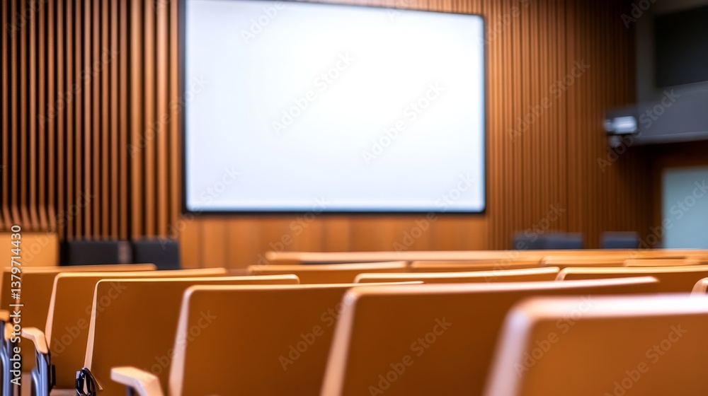Poster modern conference room with empty seating and a large projection screen in the background