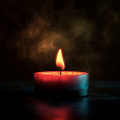 Mystical Burning Candle with Smoke, Dark Background, Red and Teal Tones