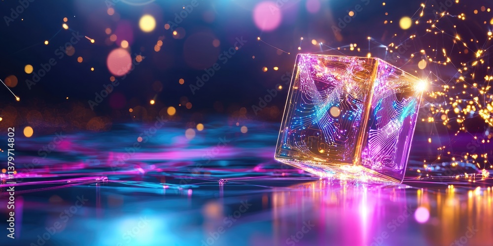 Poster a vibrant digital landscape pulsates with energy, a virtual reality cube of neon light, data streams