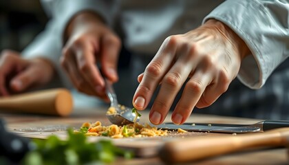 Fototapeta premium close up of a person cutting food on a cutting board