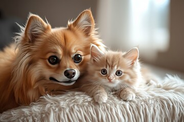 Obraz premium A dog and cat lying together on a soft fluffy surface