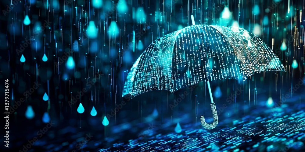 Poster A binary code, formed from an umbrella and raindrops, symbolizes data protection and security, highlighting the importance of privacy and safeguarding information.