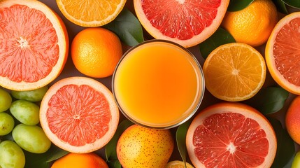 Freshly Made Juice in Glass Surrounded by Assorted Citrus Fruits and Green Grapes