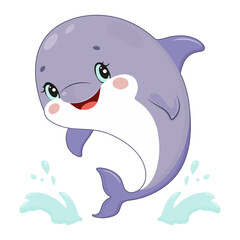 Adorable cartoon dolphin character with cheerful smile, jumping out of the water. Perfect for kids' designs, ocean themes, and marine life illustrations. Vector art