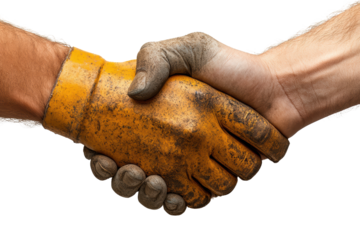 Hands shaking with worn gloves, symbolizing partnership and collaboration in industry.