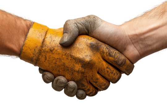 Hands shaking with worn gloves, symbolizing partnership and collaboration in industry.