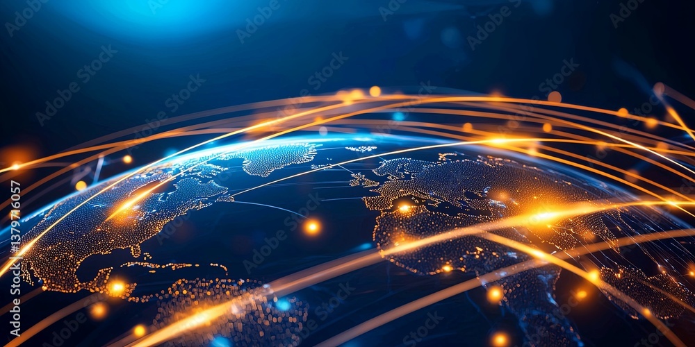 Poster A vibrant global map, where points of interconnected lines represent the pulse of international trade and communication, capturing the essence of global business in a dyn