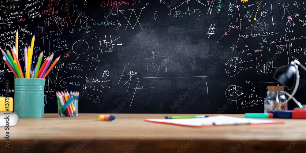Poster a sleek black chalkboard, adorned with intricate mathematical equations, stands ready to unravel the