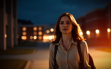 A woman walks confidently along a city street at dusk, illuminated by warm streetlights. The background is blurred, suggesting movement and urban ambiance.