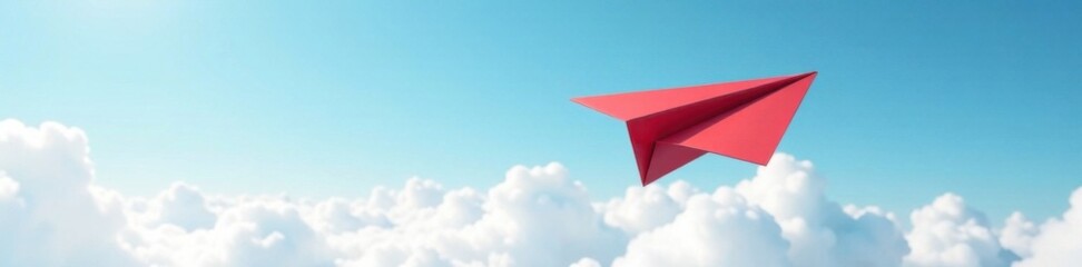 A red paper plane soars above a white landscape, with blue skies and clouds in the background, White Landscape, Leadership, Sky