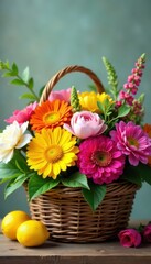 Obraz premium Beauty collection of colorful flowers and foliage in a wooden basket, foliage, arrangement