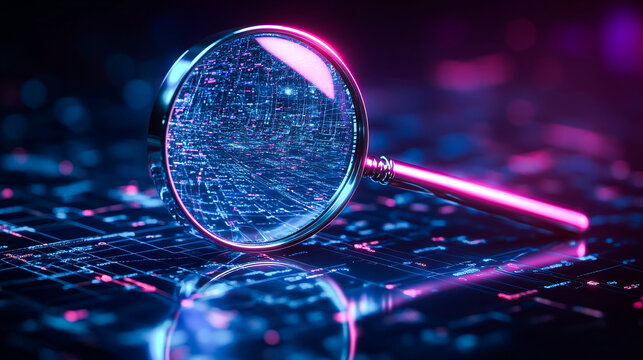 Magnifying glass, search and internet for information, research and media with neon color on dark background. SEO tool for business development, innovation and creative object for keyword on website