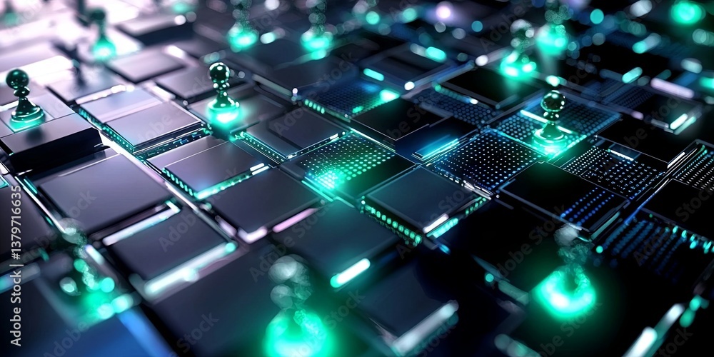 Poster a chessboard, its squares filled with intricate, encrypted data, representing the digital battlefiel