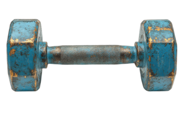 Rusty blue dumbbell on a white isolated background, ideal for fitness themes and workout motivation.