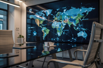 A Conference Room with a Large Screen Displaying a Global Network Diagram and Real-Time Analytics