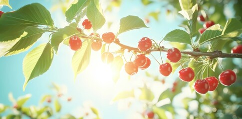 A sunlit cherry tree branch displays ripe, red cherries amidst vibrant green leaves, creating a fresh and inviting atmosphere.
