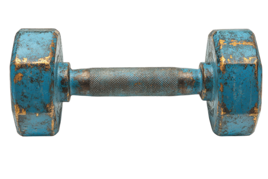 Rusty blue dumbbell on a white isolated background, ideal for fitness themes and workout motivation.