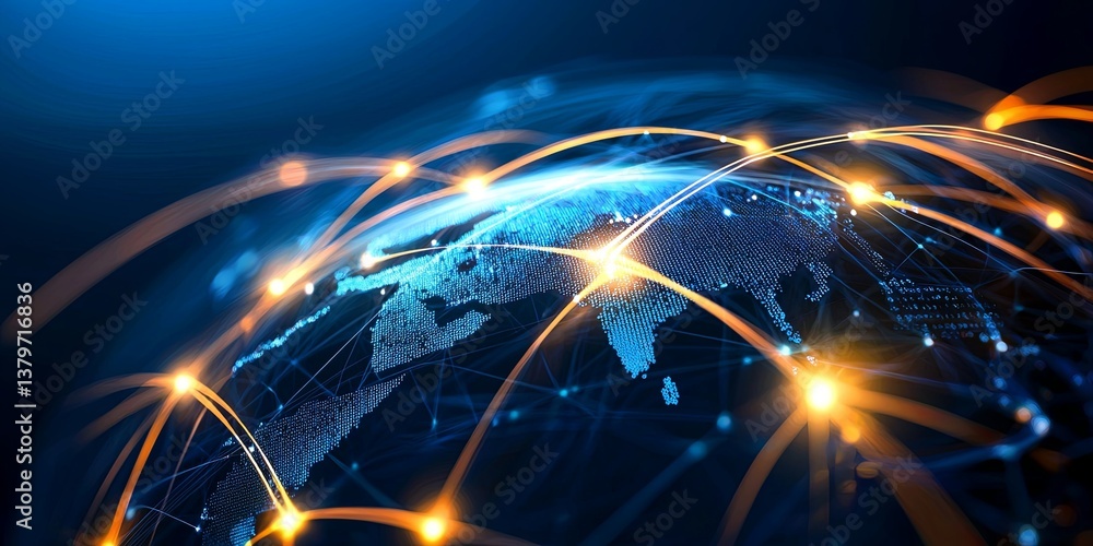 Poster A vibrant global map, where points of interconnected lines represent the pulse of international trade and communication, capturing the essence of global business in a dyn