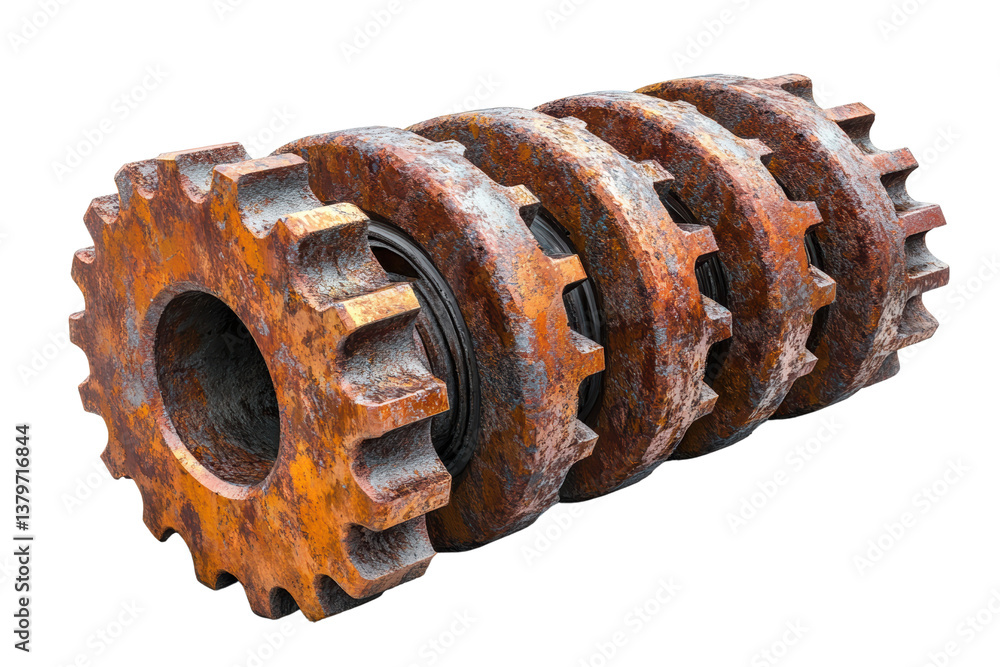 Poster rusty gears stacked on top of each other, showcasing the wear and tear of machinery.