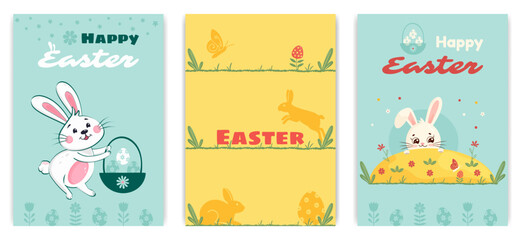 Set of Easter greeting cards featuring playful bunnies, decorated eggs, and spring elements in pastel colors. Perfect for holiday celebrations and seasonal designs. Vector art