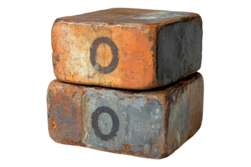 Rusty metal blocks stacked, showcasing wear and age, isolated on white background.