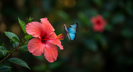 coral-colored hibiscus flower with a striking blue butterfly perched on its petals