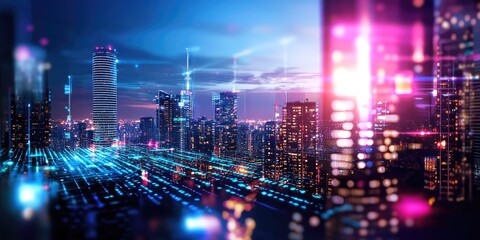 Obraz premium A sleek, abstract digital signature, rendered in vibrant shades of blue and purple, overlaid a cityscape at night, hinting at the digital age s integration into urban lif