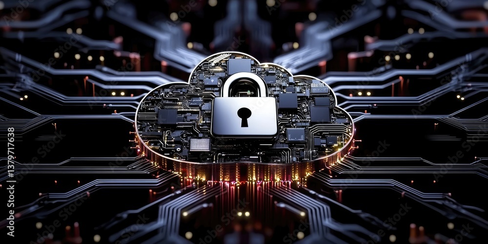 Poster a digital cloud, its silhouette outlined with a sleek padlock, symbolizing data security and cyberse