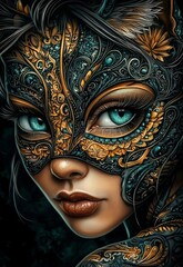 A captivating portrait of a woman wearing a cat mask.