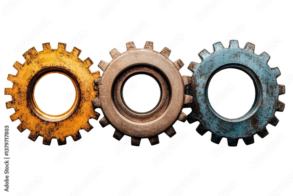 Aufkleber Three colorful gears arranged in a row on a white background, symbolizing teamwork and machinery.