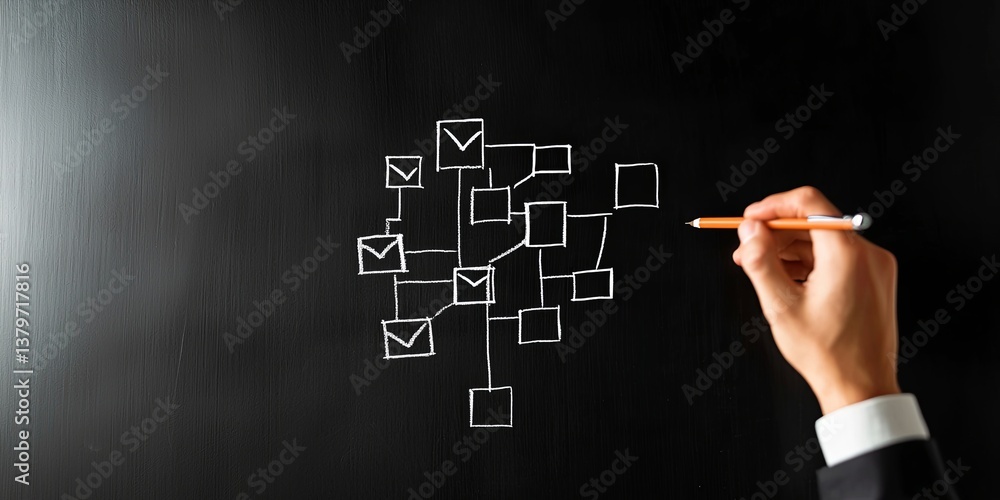 Poster a flowchart, drawn in elegant hand-drawn strokes on a pristine blackboard, depicted the intricate wo