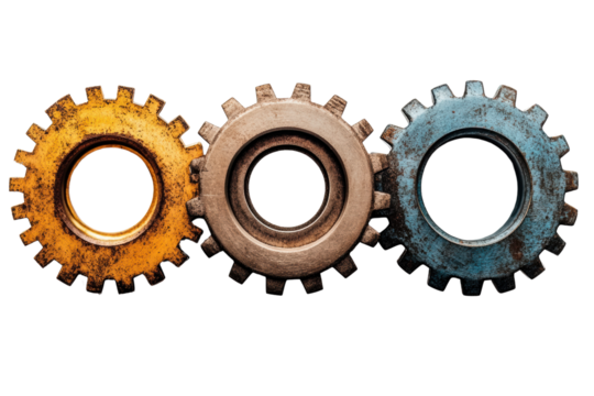 Three colorful gears arranged in a row on a white background, symbolizing teamwork and machinery.