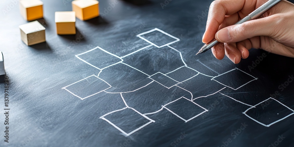 Poster a flowchart, drawn in elegant hand-drawn strokes on a pristine blackboard, depicted the intricate wo