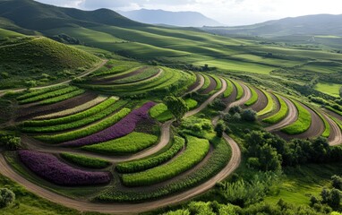 Aerial view of a winding road through a lush green valley surrounded by grass.