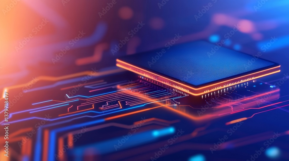 Poster close-up view of a microchip on a circuit board with glowing connections and vibrant color