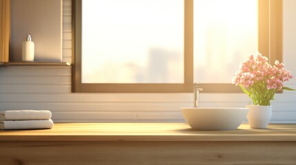 Sunlit modern bathroom vanity with towels, flowers, and sink.