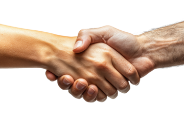 Two hands shaking in a gesture of agreement and partnership, isolated on a white background.