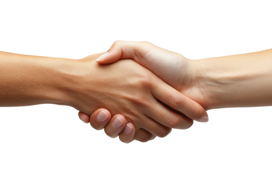 Two hands shaking in agreement, symbolizing teamwork and partnership, white isolate background.