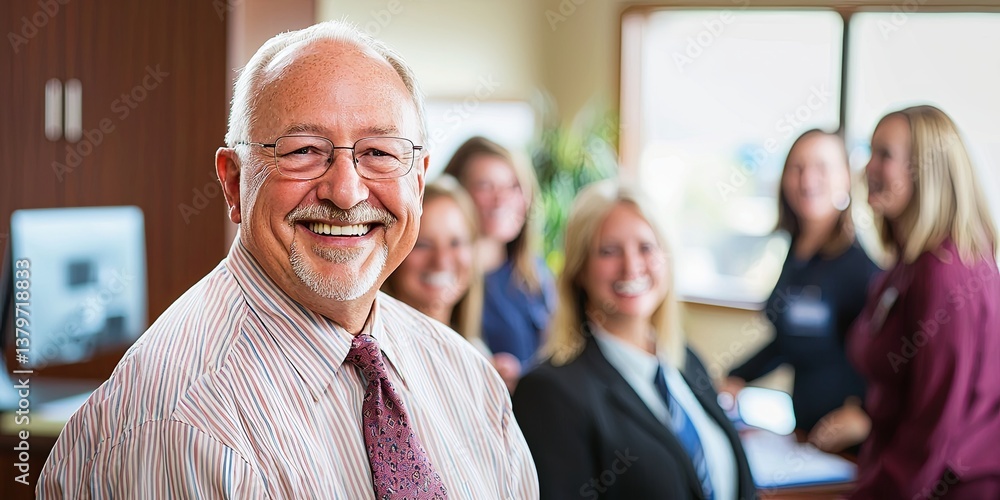Aufkleber A warm and inviting senior insurance agent smiles broadly, surrounded by a group of happy clients who appear to be enjoying the company of this experienced and trustworth