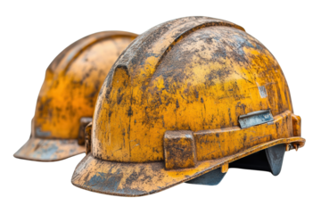 Two worn yellow hard hats resting on each other, symbolizing construction and safety in the industry.
