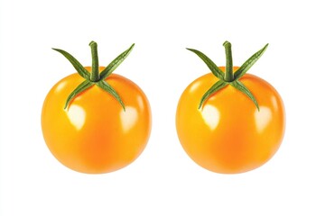 Two Golden Cherry Tomatoes with Green Stems Isolated on White Background
